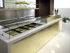 Front counter cladding in Gold joined with Gem R4 deli/pastry display