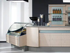 Front counter cladding in Classic joined with Classic gelato display. Back wall shelving