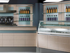 Front counter cladding in Classic joined with Classic II gelato display. Back wall shelving